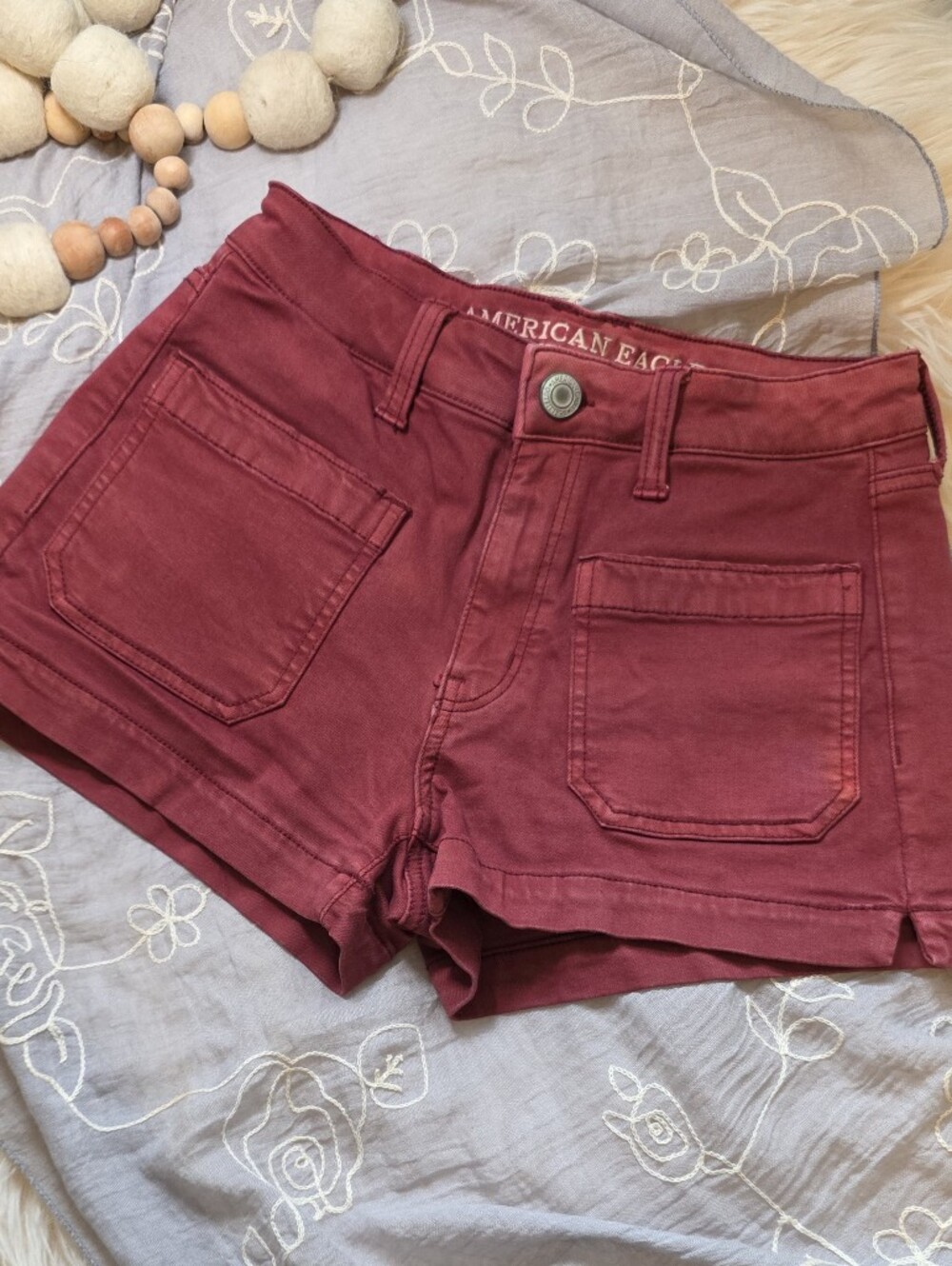 American Eagle Super Stretch X Burgundy Denim Shorts Size 2